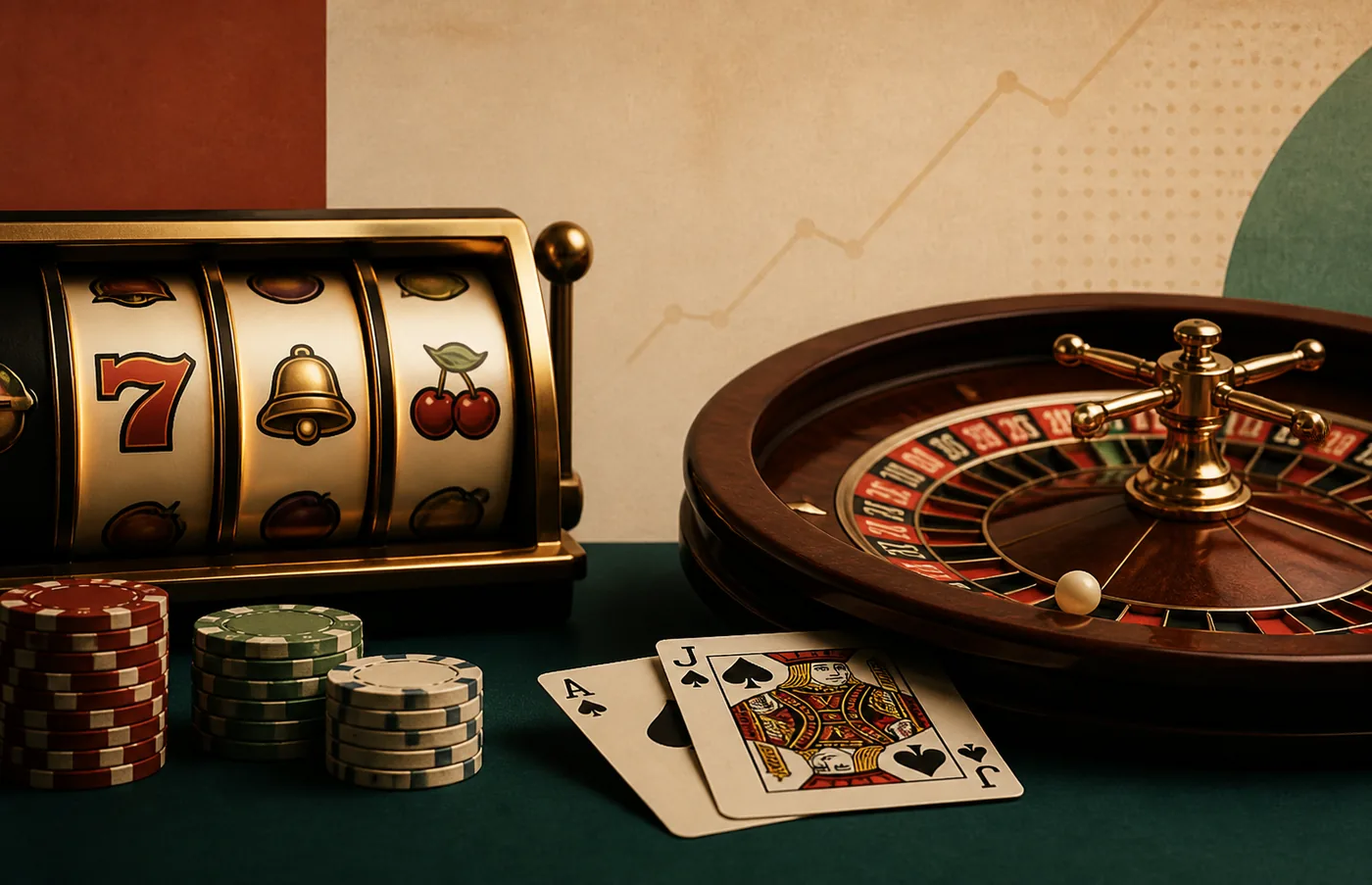 Composição com slots, roleta e cartas para comparar categorias de jogos